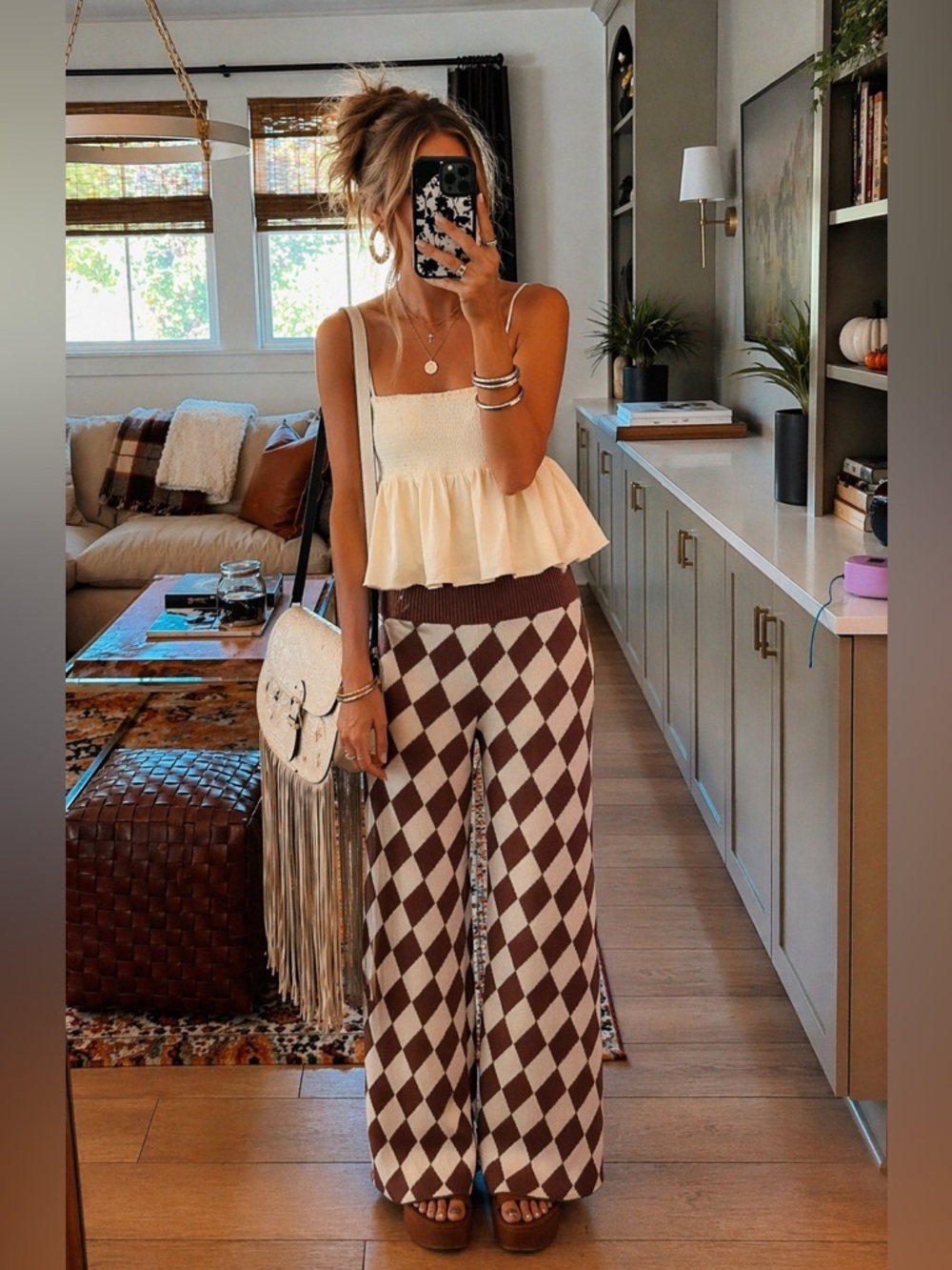 Shop Stevie Brown and Cream Checkered Sweater Flares